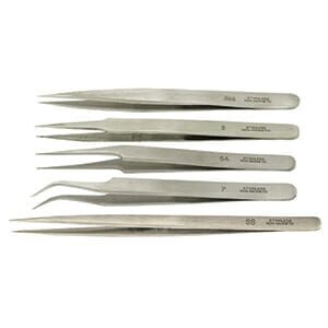 Value-Tec set of 5 general purpose tweezers, includes style 3, 5, 5A, 7 and SS (slim long) non-magnetic stainless steel