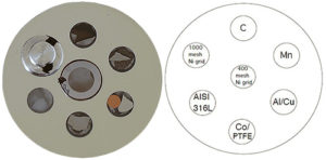 EM-Tec EDX-Checker S-8 with C, PTFE, Mn, Al/Cu, Co, AISI 316L and 400/1000 mesh Ni grids